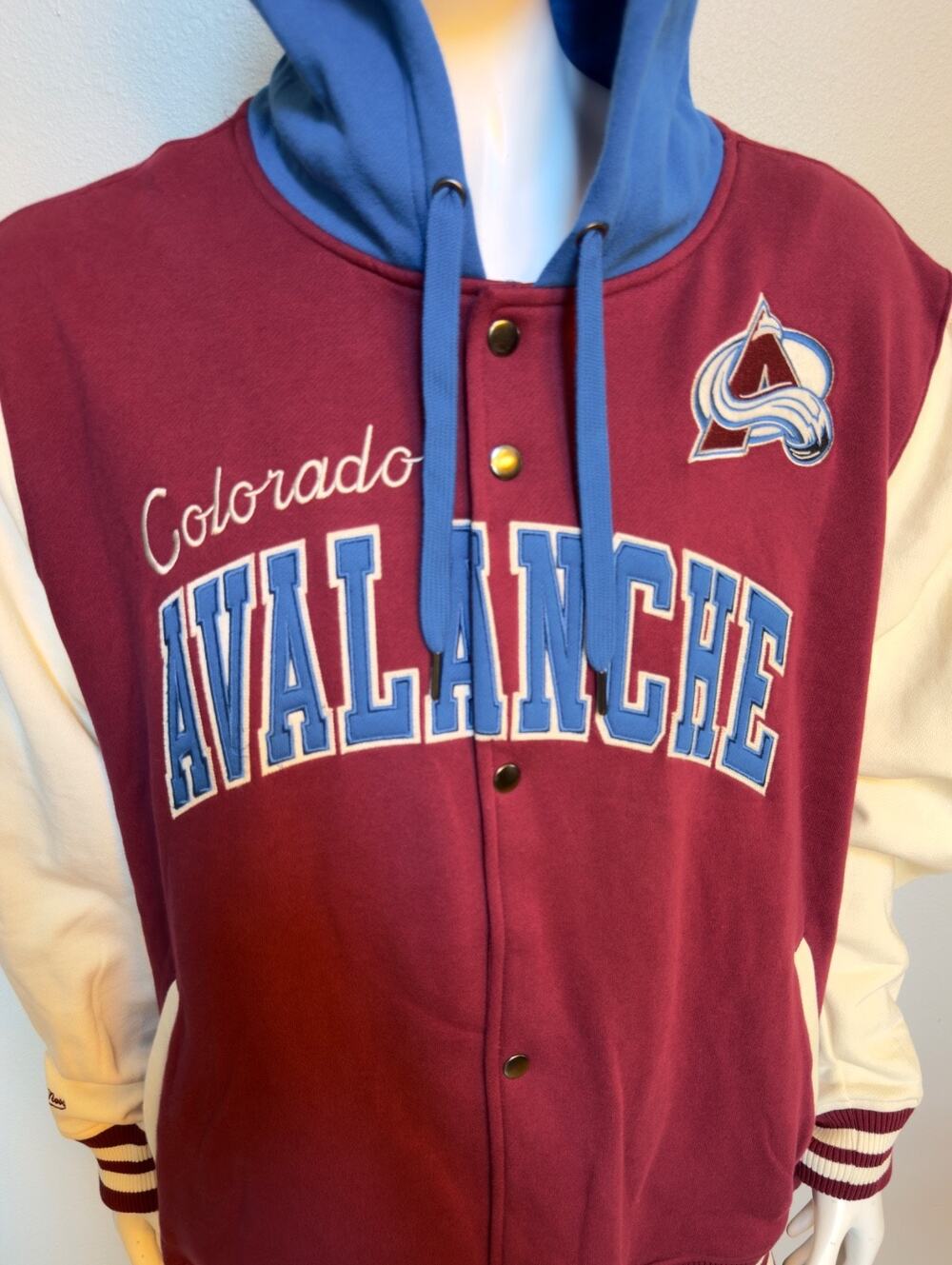 NWT NHL Colorado Avalanche Mitchell & Ness Rinkside Fleece Varsity Jacket Hooded